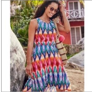 Athleta IKat Sleeveless Elastic Waist Dress M Tassle Ties on Back Colorful